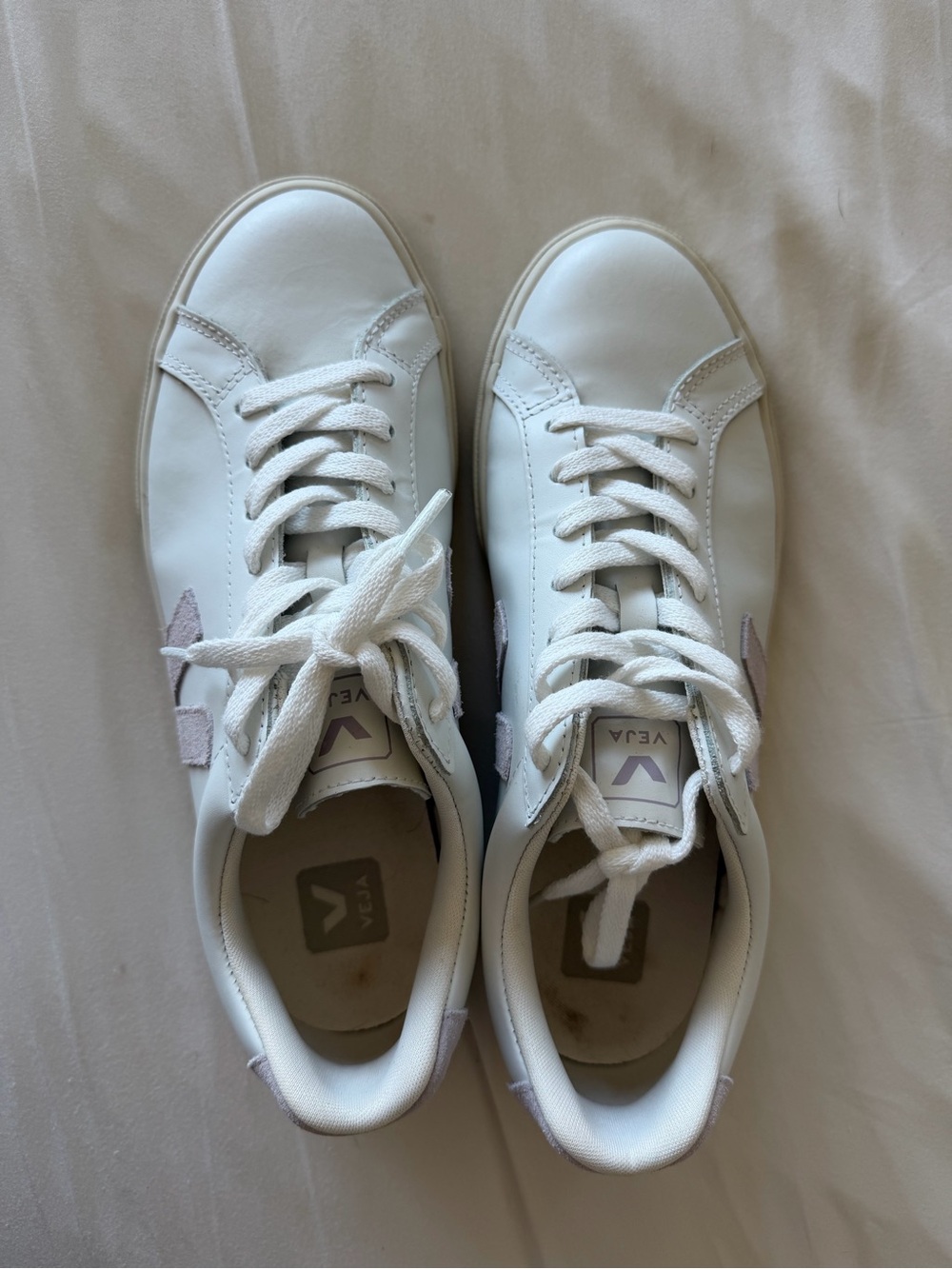 Veja White Leather Sneakers with Light Pink V Accent